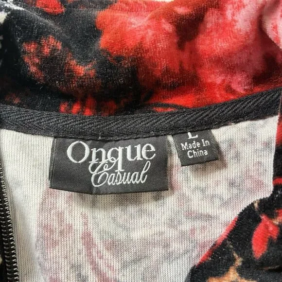 Onque Women's Jacket Size Large Black Red Paisley Floral Full Zip faux velvet - Picture 5 of 7